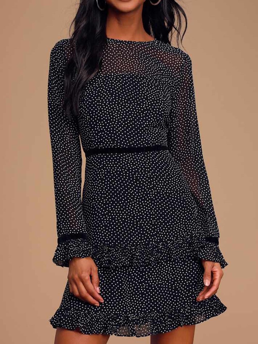 Black Polka Dot Mini Dress Lulus Long Sleeve Ruffle Chiffon Velvet Trim Coquette